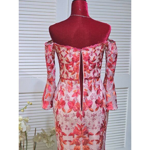 Marchesa Notte Women Red Pink Embroidery Tea Length Dress Off Shoulder Sz 6 2569 - Picture 14 of 16
